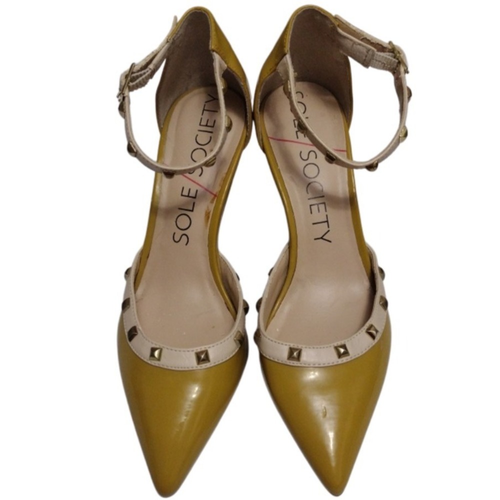 Sole Society Heels Woman 7 Yellow Mustard Beige Ankle Strap Pointed Toe  Studded